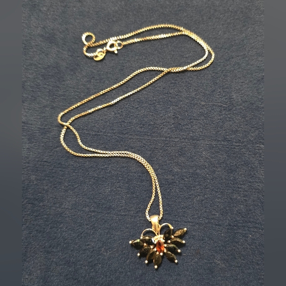 925 Silver Signed "GSJ" Black & Orange Tourmaline BUTTERFLY Pendant 18" Necklace - Picture 1 of 5